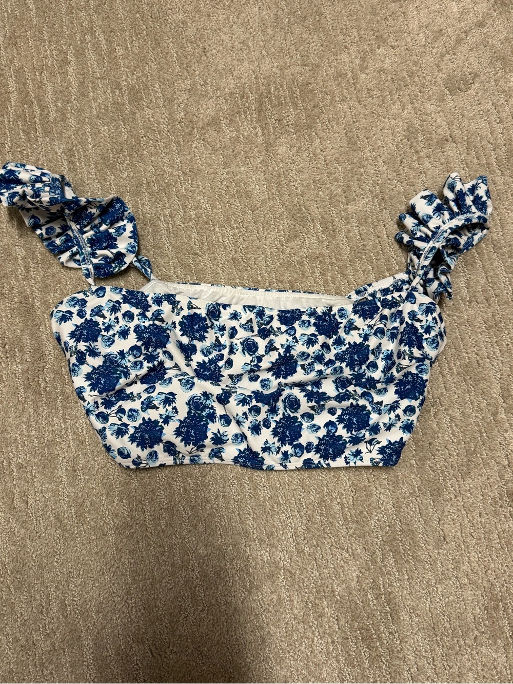 Albion Blue and White Floral Ruffle Strap Bikini Top